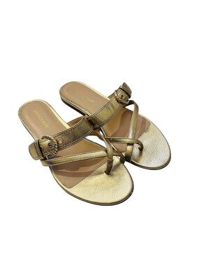 Veronica Beard Salva Metallic Gold Slide Sandals 7.5 Leather Buckle Thong Flat